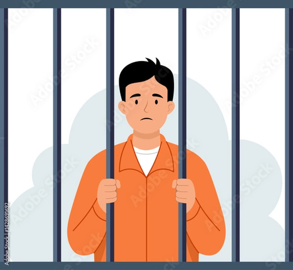 Obraz Illustration of a man in an orange prison uniform standing behind prison bars with a sad or contemplative expression.