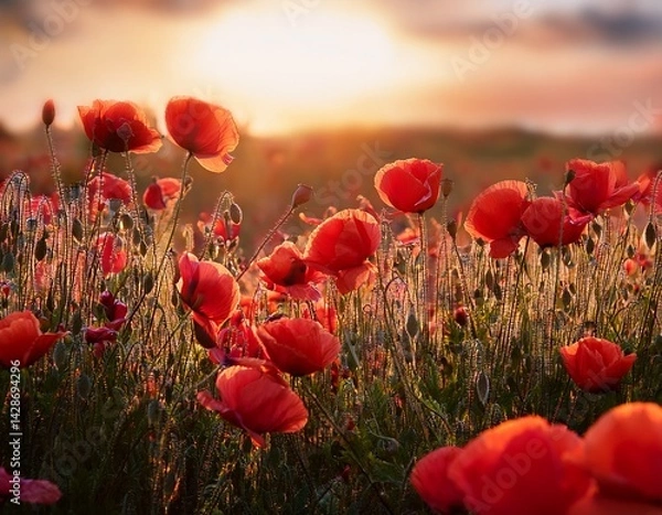 Fototapeta beautiful red poppies blooming in a field with soft light shining through the petals creating a magical and dreamy atmosphere