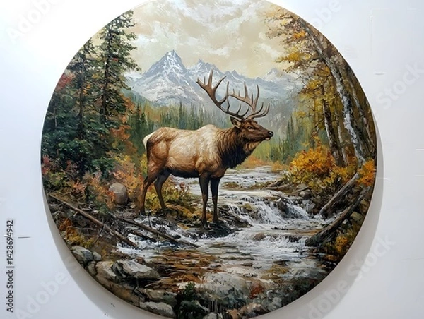 Fototapeta Majestic Elk in Autumnal Mountain Stream: A Serene Landscape Painting