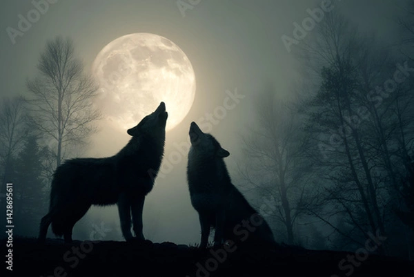Fototapeta two wolves in the moonlight