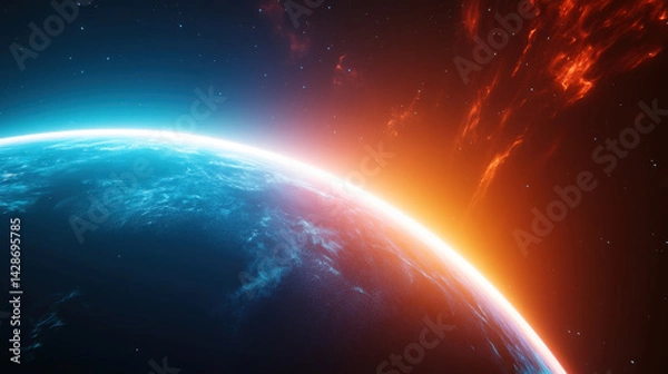 Fototapeta stunning view of planet horizon, showcasing vibrant colors of blue and orange, with cosmic background filled with stars and nebulae. scene evokes sense of wonder and exploration