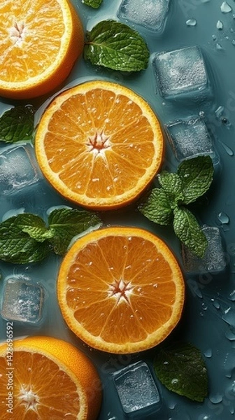 Fototapeta Fresh orange slices with mint leaves and ice cubes on a dark, wet surface.