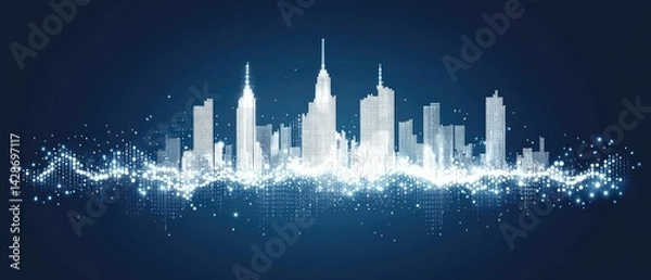 Fototapeta White cityscape silhouette with glowing lights on blue background.