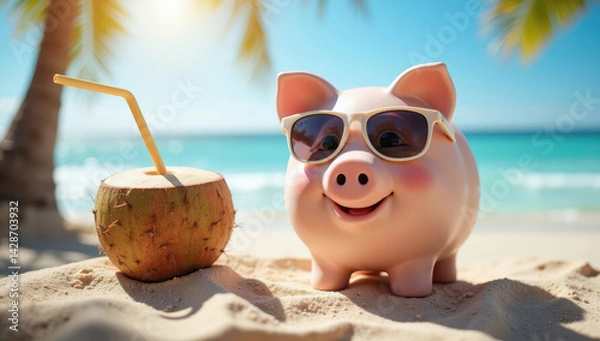 Obraz Piggybank on vacation, saving money