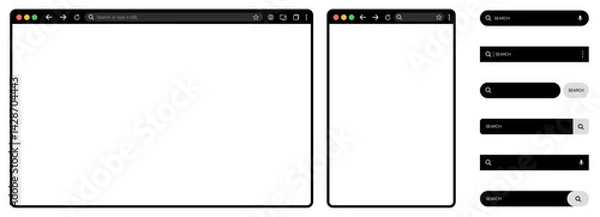 Fototapeta browser Website mockup template. internet browser search engine. Search bar for ui ux design frames for PC, laptop, tablet, and mobile. Vector illustration for UI and web design presentations.	
