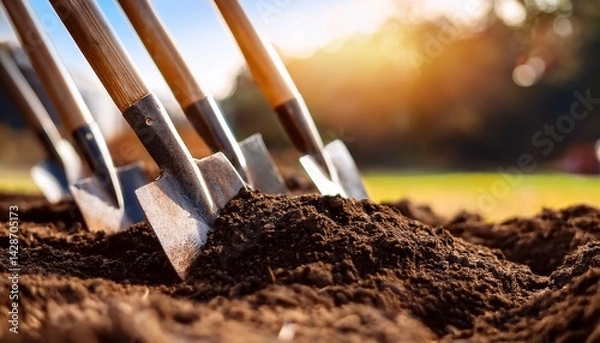 Fototapeta close up of shovels digging into soil at a groundbreaking event