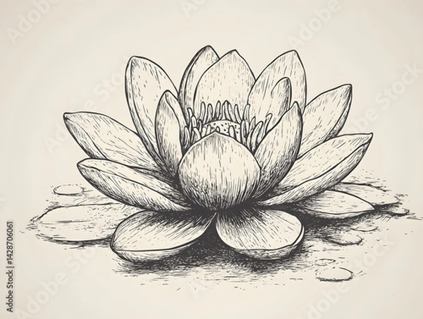 Fototapeta Water Lily: A Detailed Pen-and-Ink Botanical Illustration