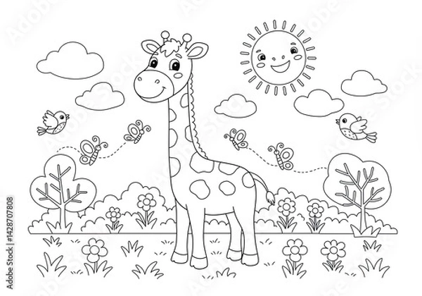 Fototapeta Smiling giraffe in sunny meadow with butterflies, birds, and flowers in a cute animal coloring book line art illustration