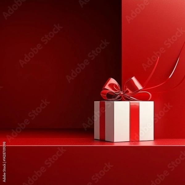 Fototapeta Minimalist design showcases a 3D rendering of a gift box against a dark red backdrop.
