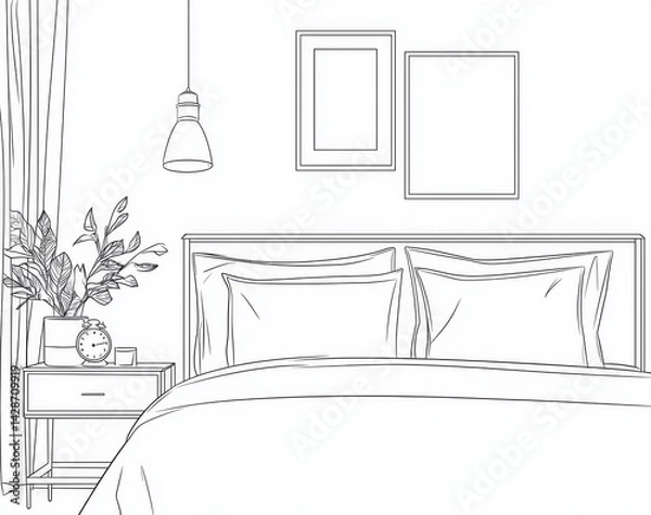 Fototapeta Continuous line art design of bedroom furniture including bed and side table.
