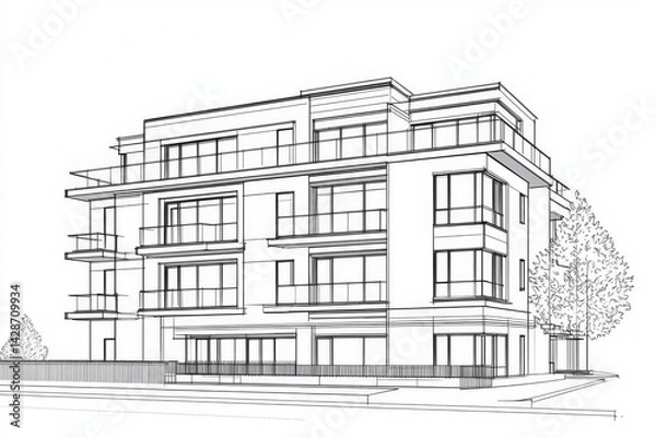 Fototapeta Architectural representation through continuous line drawing.