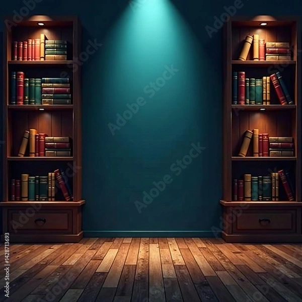 Fototapeta Dark background with bright bookshelves and spotlight, study, shelves, home decor
