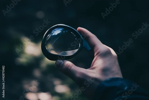 Obraz Exploring a different viewpoint of the natural world through a clear glass sphere held in a hand, with the surrounding forest captured upside down inside
