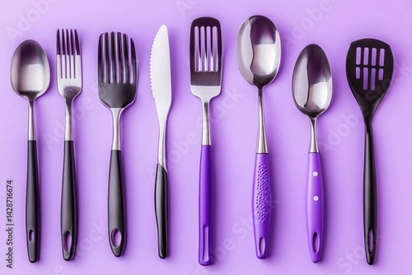 Obraz Various stainless steel kitchen utensils displayed on a purple surface showcasing their sleek design and functionality for cooking and baking tasks