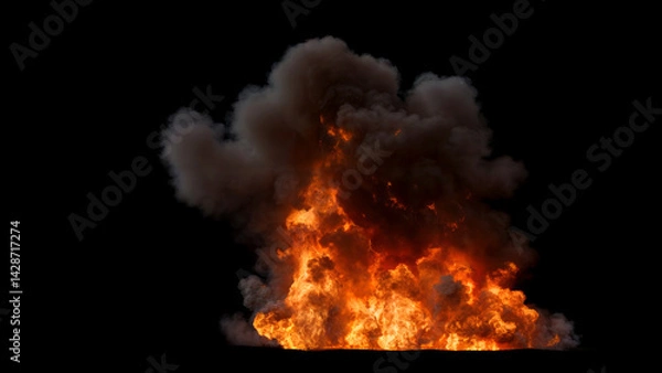 Fototapeta Large intense Fire with thick dark Smoke rising above it and Bright Fiery Flames showing significant Combustion event on a Black Background