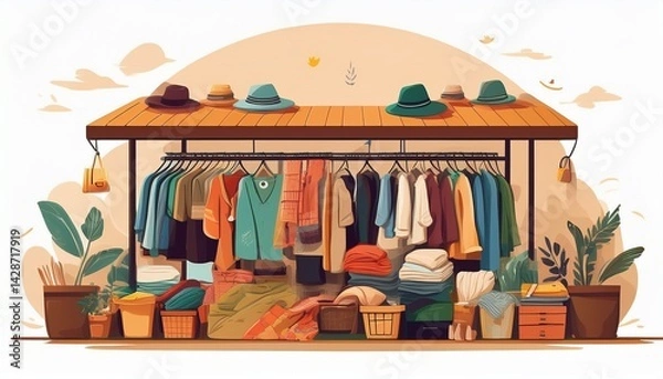 Fototapeta flea market or second hand store reusable clothes and sustainable living concept flat illustration generative ai