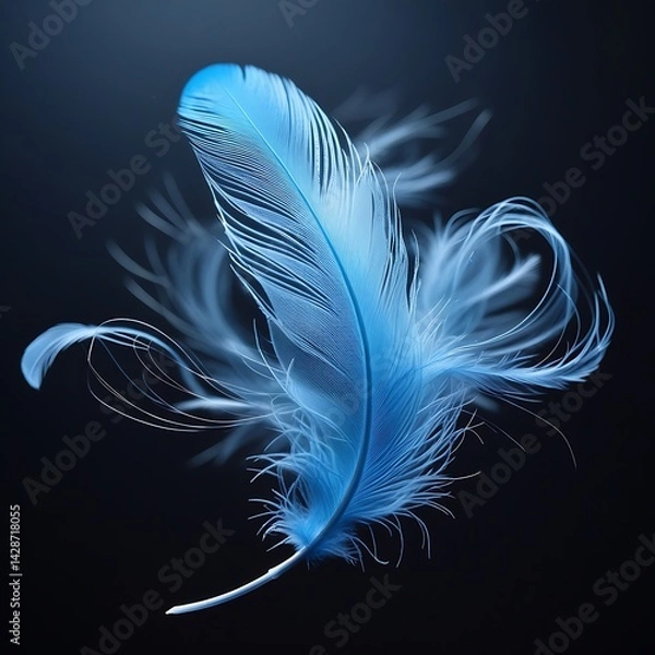 Fototapeta Light blue feather, ethereal, delicate, floating, black background, intricate details, soft texture, wispy edges, azure hue, gentle curves, macro photography, high contrast, studio lighting, minimalis