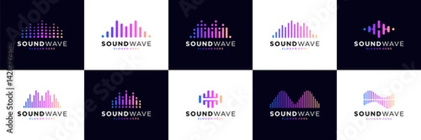 Fototapeta Set of music audio logo icon template. Sound wave symbol with modern gradient logo vector.