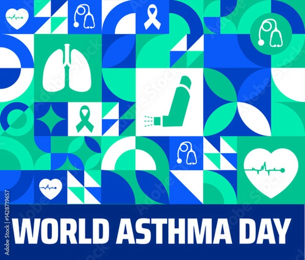 Fototapeta world asthma day Geometric shape pattern background banner or poster design template. observed every year in May. Holiday concept. Use to any Template, card, poster, placard, template.