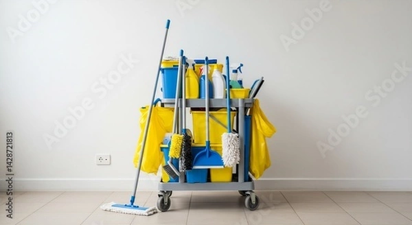 Obraz Cleaning Supplies and Equipment Organized on a Cart in a Room with White Walls and Beige Tile Floor
