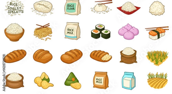 Fototapeta A collection of rice products and rice related items including sushi noodles and rice fields shown