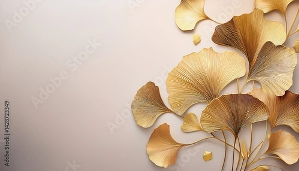 Fototapeta elegant abstract design featuring golden ginkgo leaves on a soft neutral background