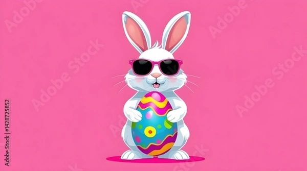 Fototapeta cartoon easter bunny with easter egg on pink background