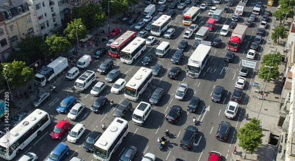 Obraz Aerial view showing heavy traffic congestion with cars buses and trucks on a city street during daytime
