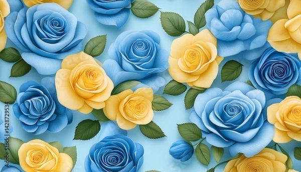 Fototapeta floral seamless design featuring blue and yellow roses with green foliage on a light blue backdrop