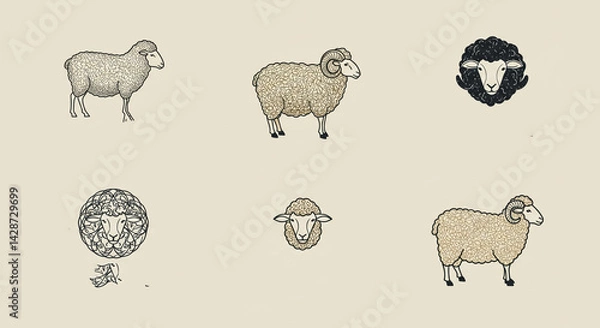 Obraz A collection of six sheep illustrations in varying styles on a light beige background with black outlines