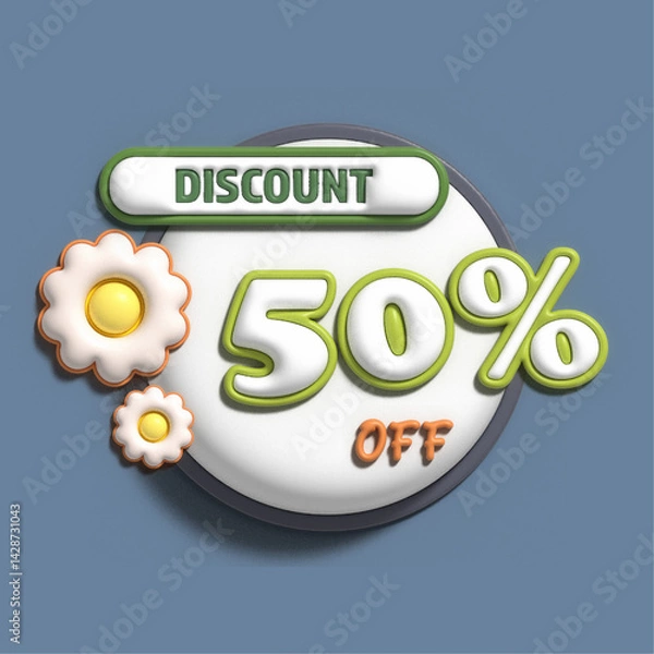 Obraz 3D illustration of sale discounts 50%,20%, 30%, 25%; 40%, 70%, 60% with flowers in delicate shades