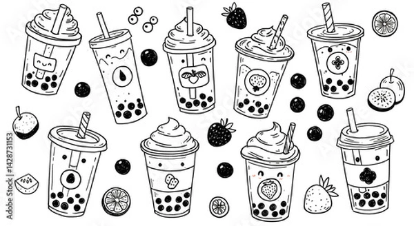 Obraz A black and white doodle pattern featuring various boba tea cups and fruit illustrations scattered around