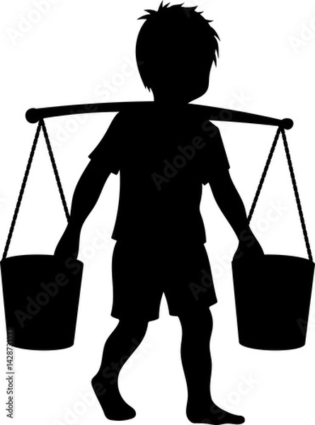 Obraz Child labour silhouette transparent PNG. Male child worker carrying heavy load. Child rights campaigns. Stop child labor concept. 