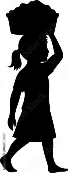 Obraz Child labour silhouette transparent PNG. Female child worker carrying a heavy load on her head. Stop child labor concept. Child rights campaigns.