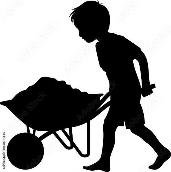 Obraz Child labour silhouette transparent PNG. Male child worker drives a wheelbarrow. Child rights campaigns. Stop child labor concept. 