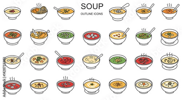 Obraz Illustration of various bowls of soup with different ingredients and spoon outline icons set design