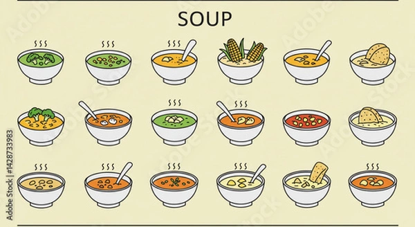 Obraz Illustration of various soups in white bowls with steam and different ingredients on a beige background