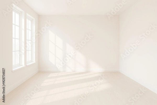 Fototapeta Bright white room with twin tall windows and soft sunlight casting shadows, clean modern interior background ideal for product staging, real estate visuals, or lifestyle branding