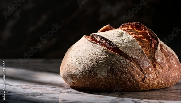 Obraz homemade rustic bread on a marble kitchen countertop on dark background with copy space