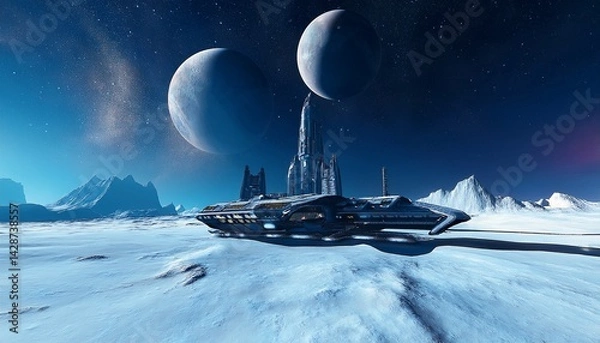 Fototapeta futuristic space colony on frozen planet with advanced spaceship and distant moon in starry sky
