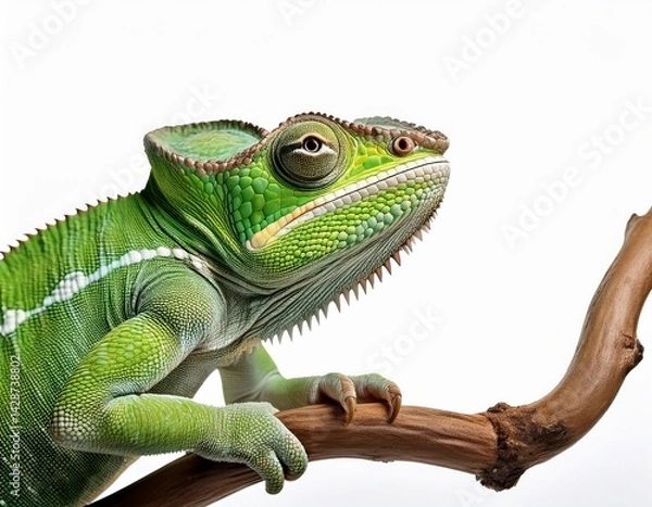 Obraz green chameleon on branch isolated on white background