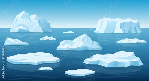 Obraz A cartoon illustration of several icebergs floating in a blue ocean under a clear blue sky background