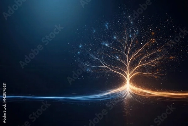 Obraz A luminous tree with sparkling branches emits light against a dark backdrop, symbolizing growth and energy.