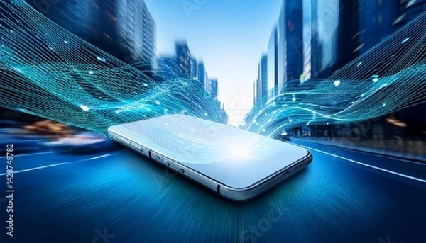 Fototapeta mobile smart phone with digital data flowing out of screen and speed line around it on blue blurred city street background cyber security system business network connection and technology concept