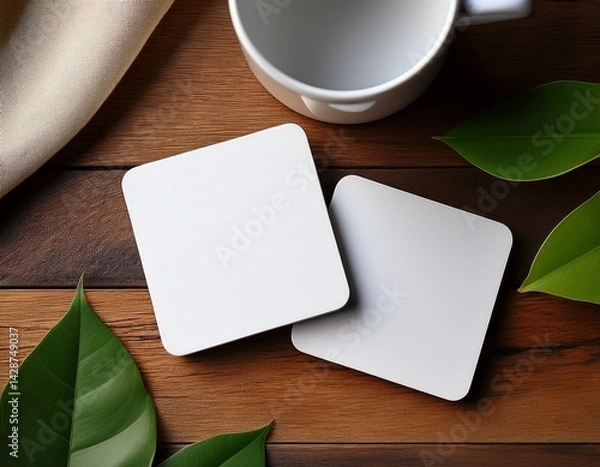Fototapeta mockup of two blank square coasters on rustic wooden table a minimalist mockup of two blank white coasters placed on a rustic wooden surface with a white cup and green leaves ideal for branding or d