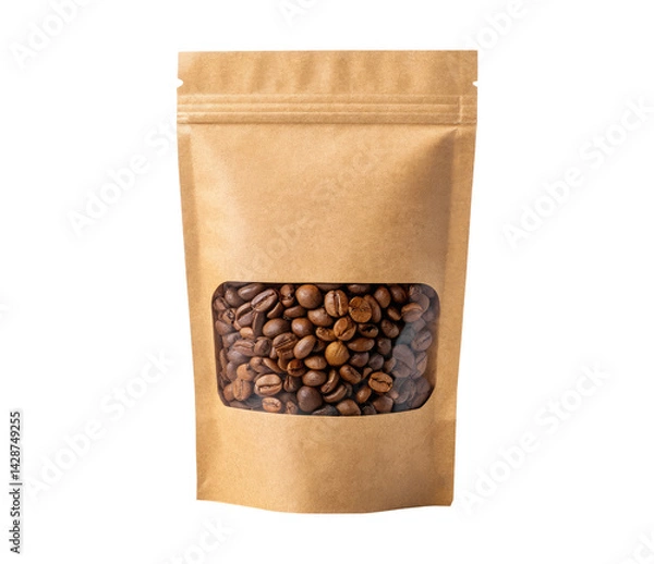 Obraz Brown Kraft Stand Up Pouch Packaging with coffee beans in transparent window on a transparent background png drinks design