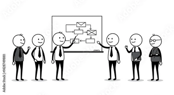 Fototapeta Stickman Business Team Meeting Concept on White Background	A minimalist stickman team collaborates on a strategic flowchart in a modern corporate meeting. Ideal for presentations, leadership content
