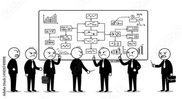 Fototapeta Stickman Business Team Meeting Concept on White Background	A minimalist stickman team collaborates on a strategic flowchart in a modern corporate meeting. Ideal for presentations, leadership content