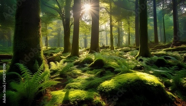 Fototapeta lush green forest floor covered with moss and ferns illuminated by soft sunlight filtering through tall trees generative ai