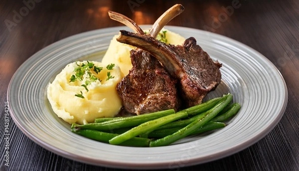 Obraz lamb chops seasoned and cooked to perfection are plated with creamy mashed potatoes and tender green beans offering a delightful dinner experience